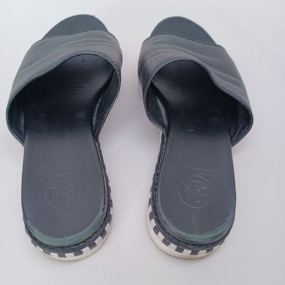 Tory Burch Slides Black Leather Open Toe Sandals Womens 5.5 - Picture 13 of 16